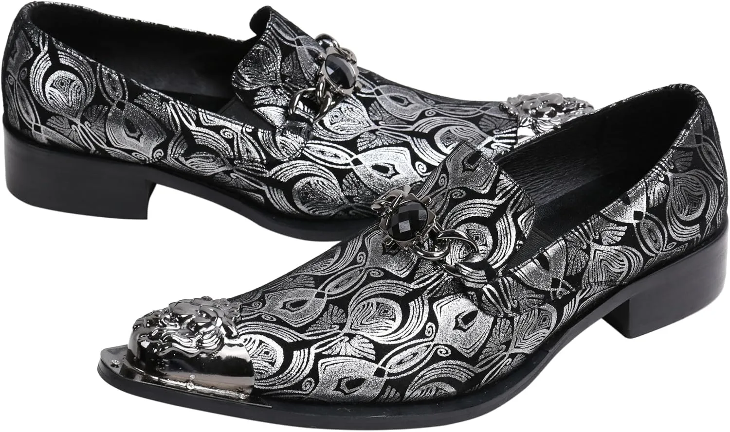 Santimon Mens Loafers Pointed Toe Leather Fashion Buckle Rhinestone Metal Tip Western Dress Shoes