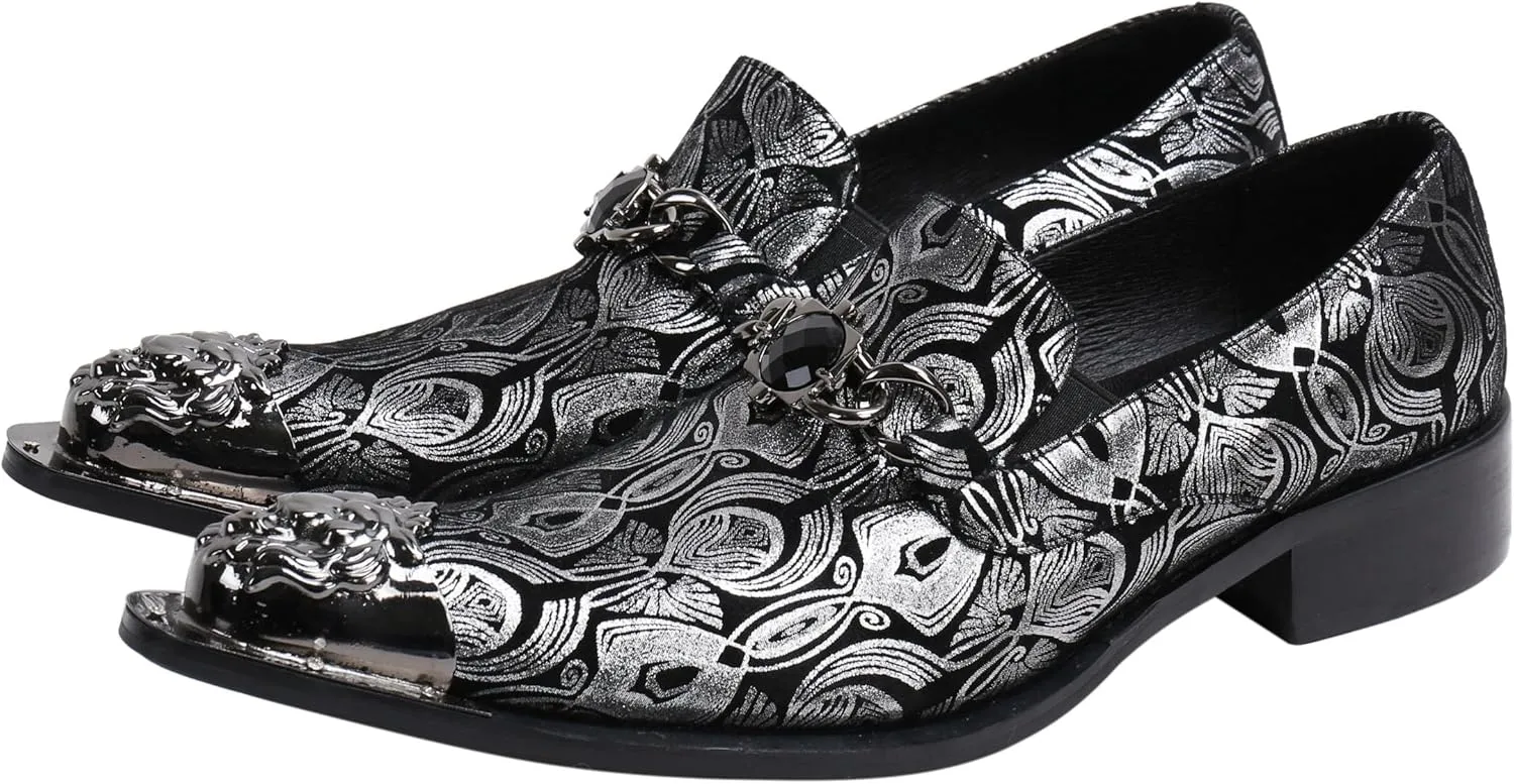 Santimon Mens Loafers Pointed Toe Leather Fashion Buckle Rhinestone Metal Tip Western Dress Shoes