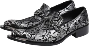 Santimon Mens Loafers Pointed Toe Leather Fashion Buckle Rhinestone Metal Tip Western Dress Shoes