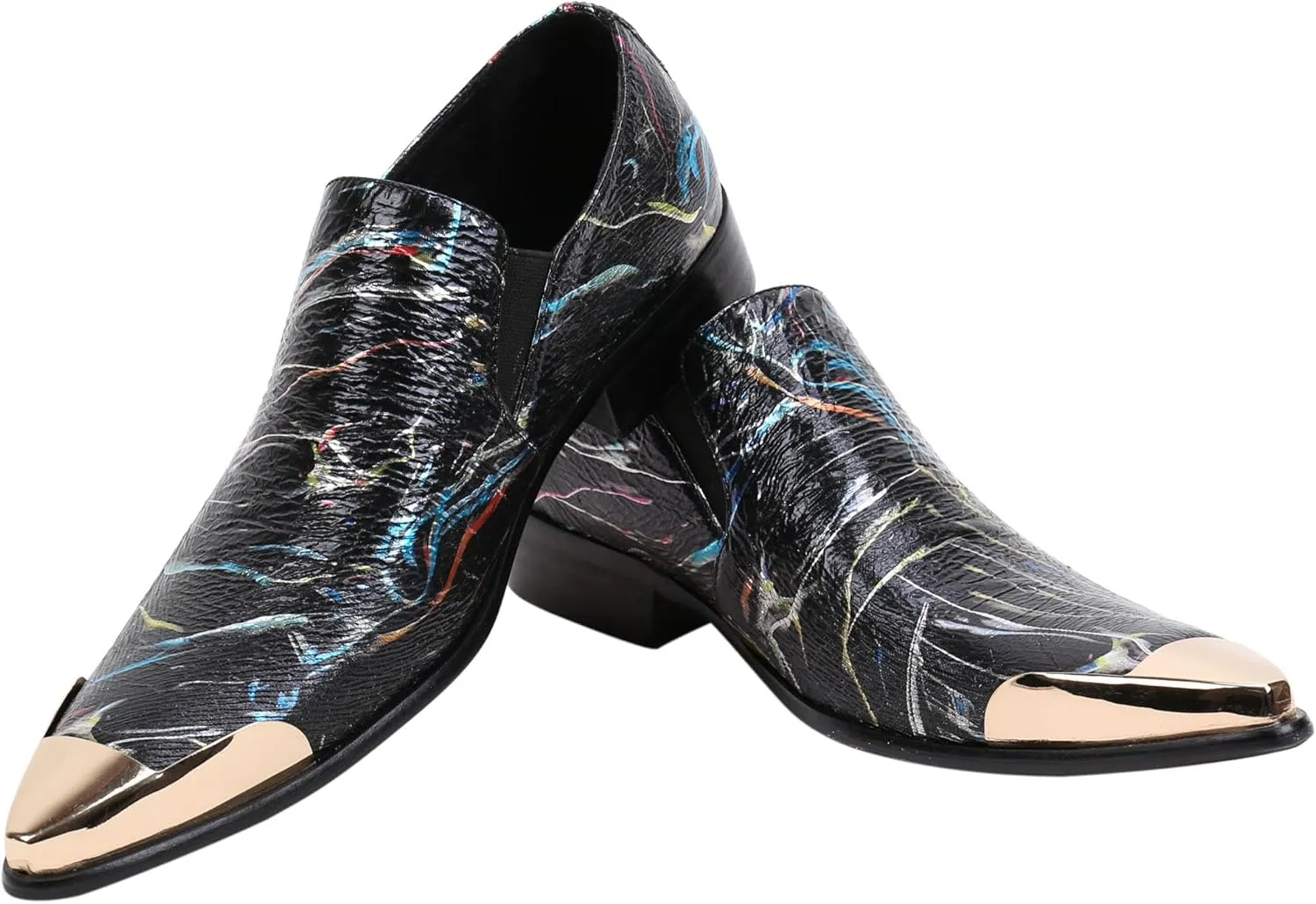 Santimon Mens Loafers Pointed Toe Leather Fashion Printed Metal Tip Western Dress Shoes