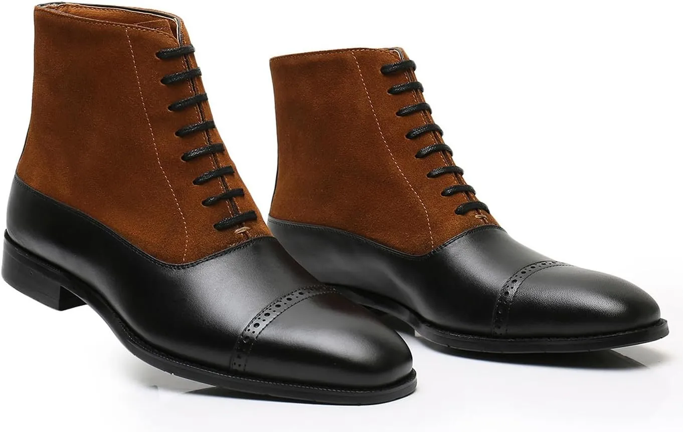 Santimon Mens Oxfords Boots Formal Dress Suede Leather Ankle Boots Prom Wedding Tuxedo Buisenss Two Tone Lace Up Boots Fashion Black Dress Casual Chelsea Boots for Men