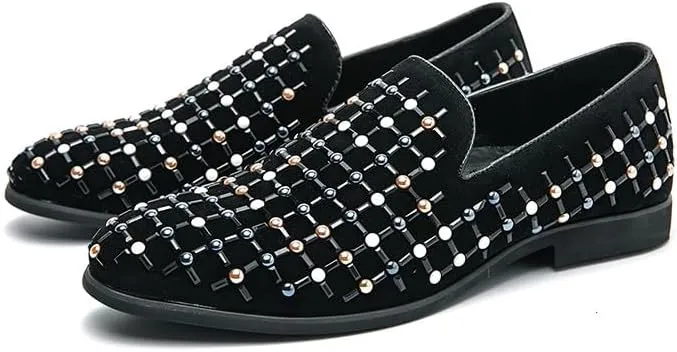 Santimon Men's Suede Leather Slip-On Loafers Dress Shoes with Pearl Rivet Wedding Party Dancing Shoes for Men