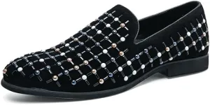 Santimon Men's Suede Leather Slip-On Loafers Dress Shoes with Pearl Rivet Wedding Party Dancing Shoes for Men
