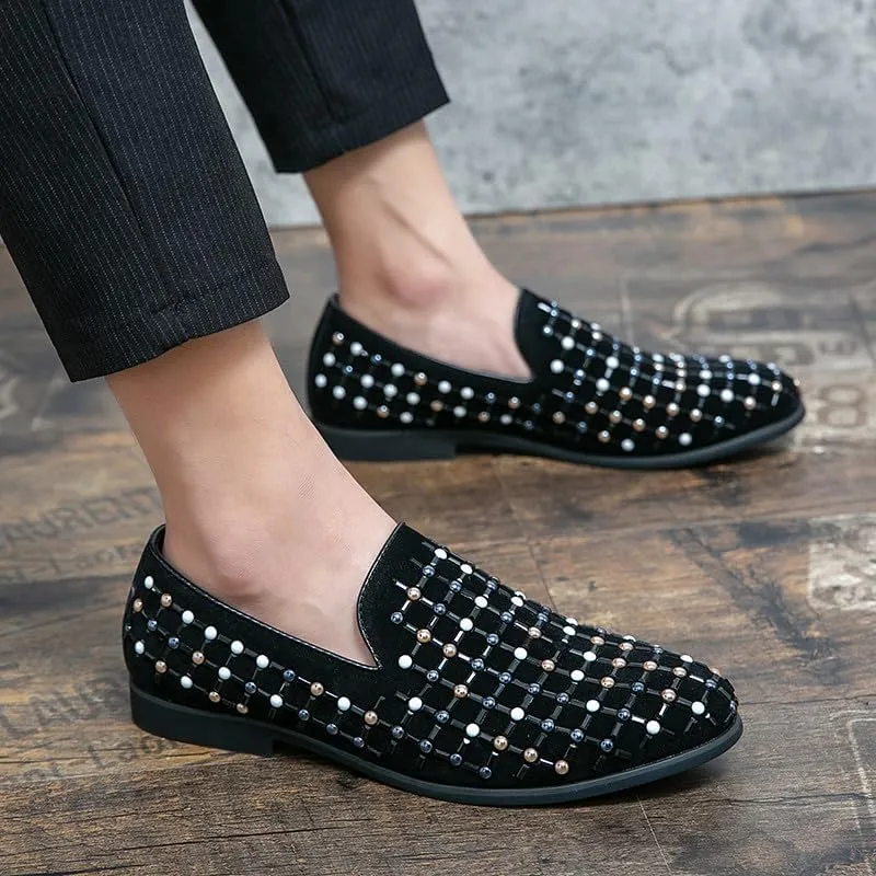 Santimon Men's Suede Leather Slip-On Loafers Dress Shoes with Pearl Rivet Wedding Party Dancing Shoes for Men