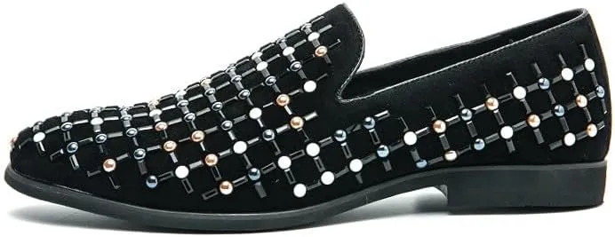 Santimon Men's Suede Leather Slip-On Loafers Dress Shoes with Pearl Rivet Wedding Party Dancing Shoes for Men
