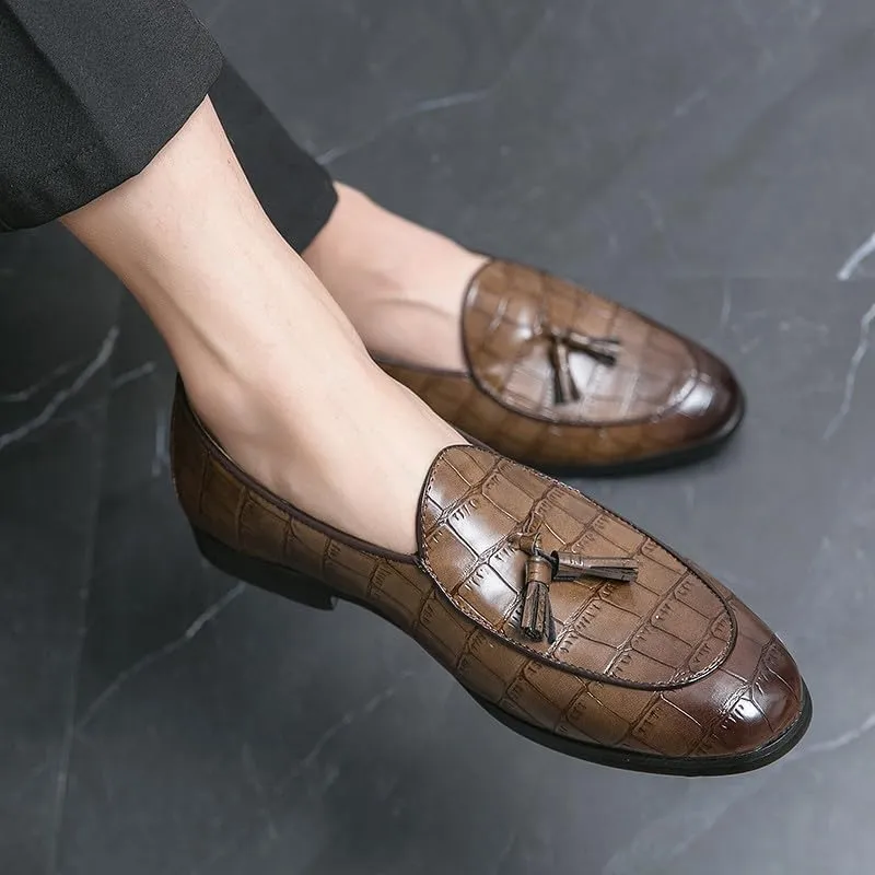 Santimon Men's Tassels Loafers Crocodile Pattern Leather Slip-On Wedding Dress Tuxedo Suit Shoes