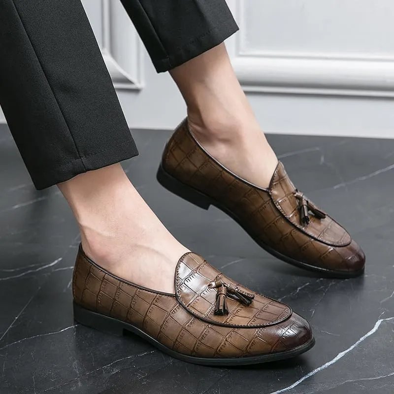 Santimon Men's Tassels Loafers Crocodile Pattern Leather Slip-On Wedding Dress Tuxedo Suit Shoes
