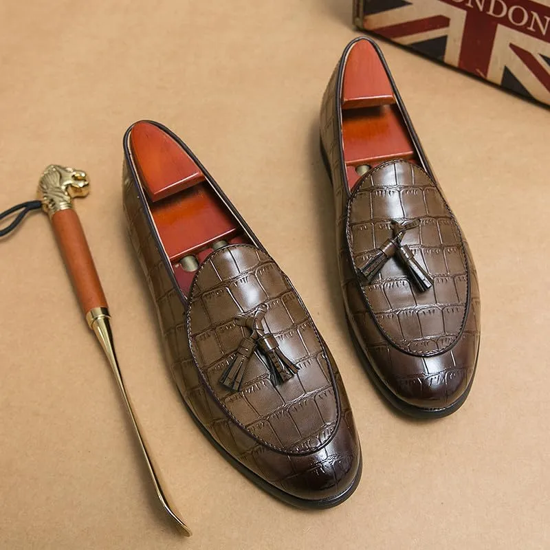 Santimon Men's Tassels Loafers Crocodile Pattern Leather Slip-On Wedding Dress Tuxedo Suit Shoes