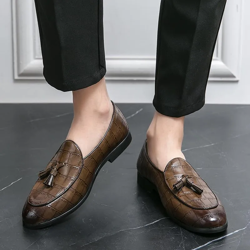 Santimon Men's Tassels Loafers Crocodile Pattern Leather Slip-On Wedding Dress Tuxedo Suit Shoes