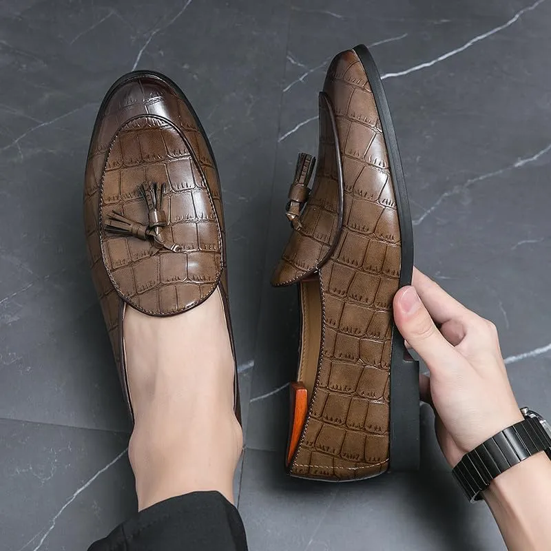 Santimon Men's Tassels Loafers Crocodile Pattern Leather Slip-On Wedding Dress Tuxedo Suit Shoes