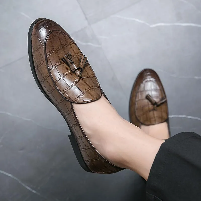 Santimon Men's Tassels Loafers Crocodile Pattern Leather Slip-On Wedding Dress Tuxedo Suit Shoes