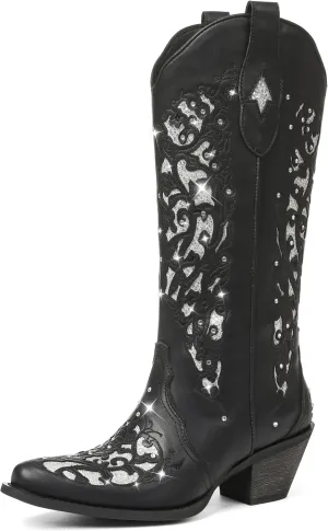 SaraIris Black Cowgirl Boots for Women Cowboy Boots Western Boots Chunky Heel Pointed Toe Pull On Rhinestones Knee High Boots