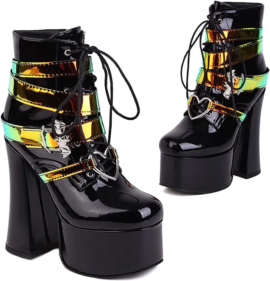 SaraIris Women's Platform Boots Chunky High Heel Lace-up Ankle Boots with Chain and Pearl Black Punk Goth Boots