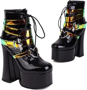 SaraIris Women's Platform Boots Chunky High Heel Lace-up Ankle Boots with Chain and Pearl Black Punk Goth Boots
