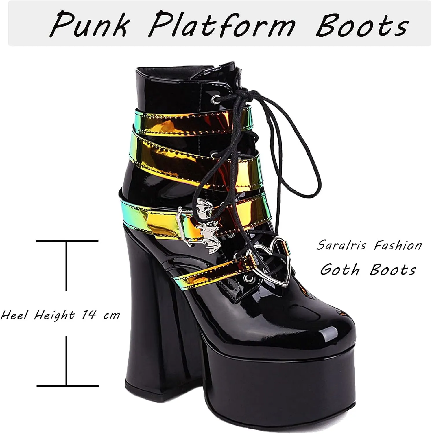 SaraIris Women's Platform Boots Chunky High Heel Lace-up Ankle Boots with Chain and Pearl Black Punk Goth Boots