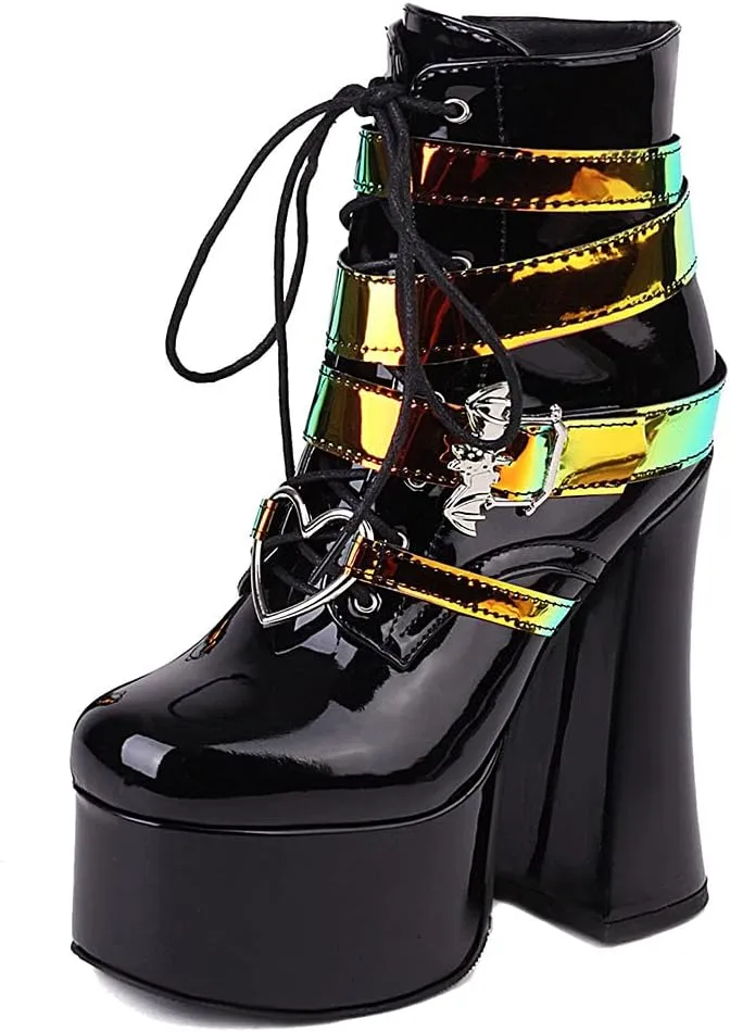 SaraIris Women's Platform Boots Chunky High Heel Lace-up Ankle Boots with Chain and Pearl Black Punk Goth Boots