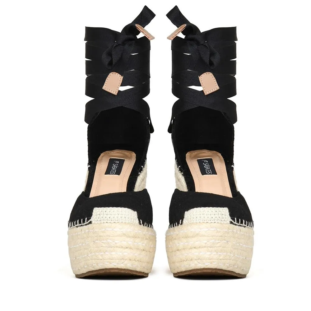 Sábates Cami Espadrilles wedge Women's Sandal loafer with lace-up front closure. (7, Black)