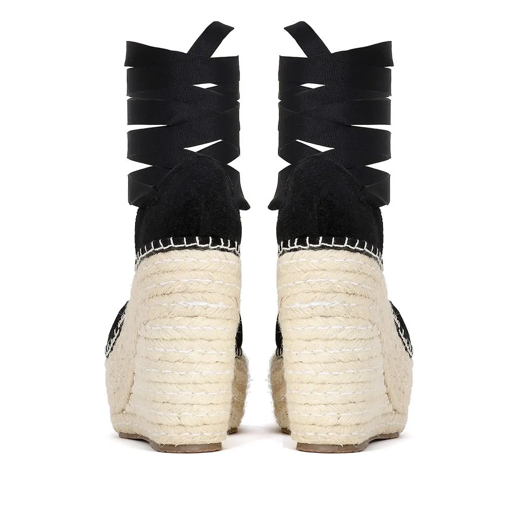 Sábates Cami Espadrilles wedge Women's Sandal loafer with lace-up front closure. (7, Black)
