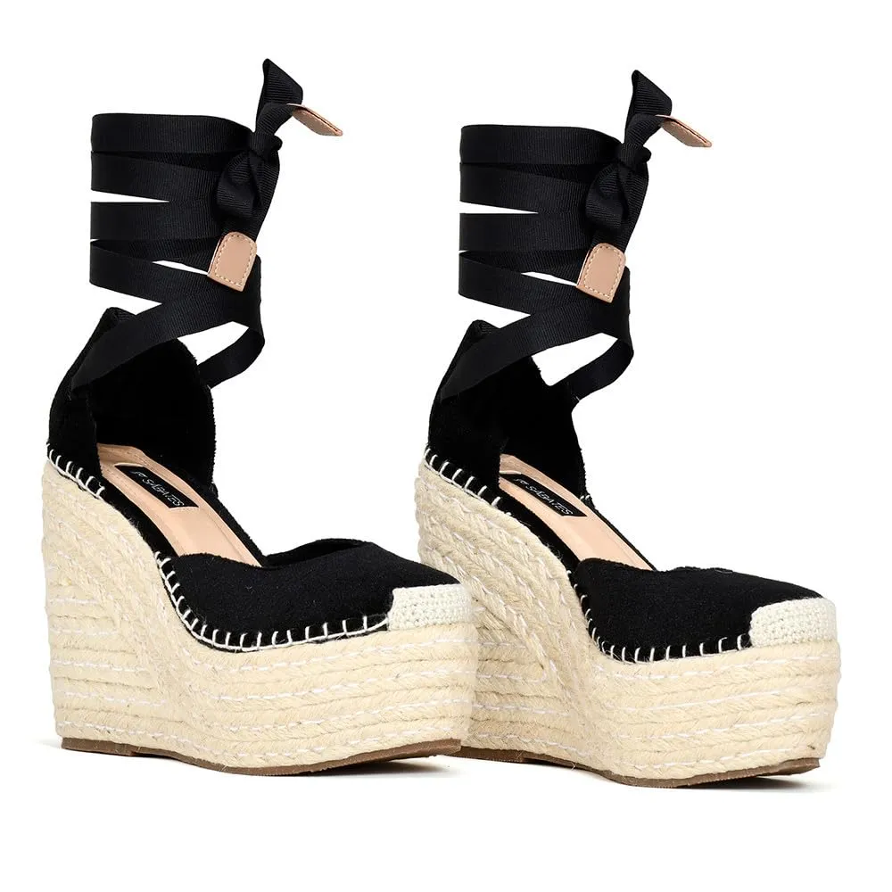 Sábates Cami Espadrilles wedge Women's Sandal loafer with lace-up front closure. (7, Black)