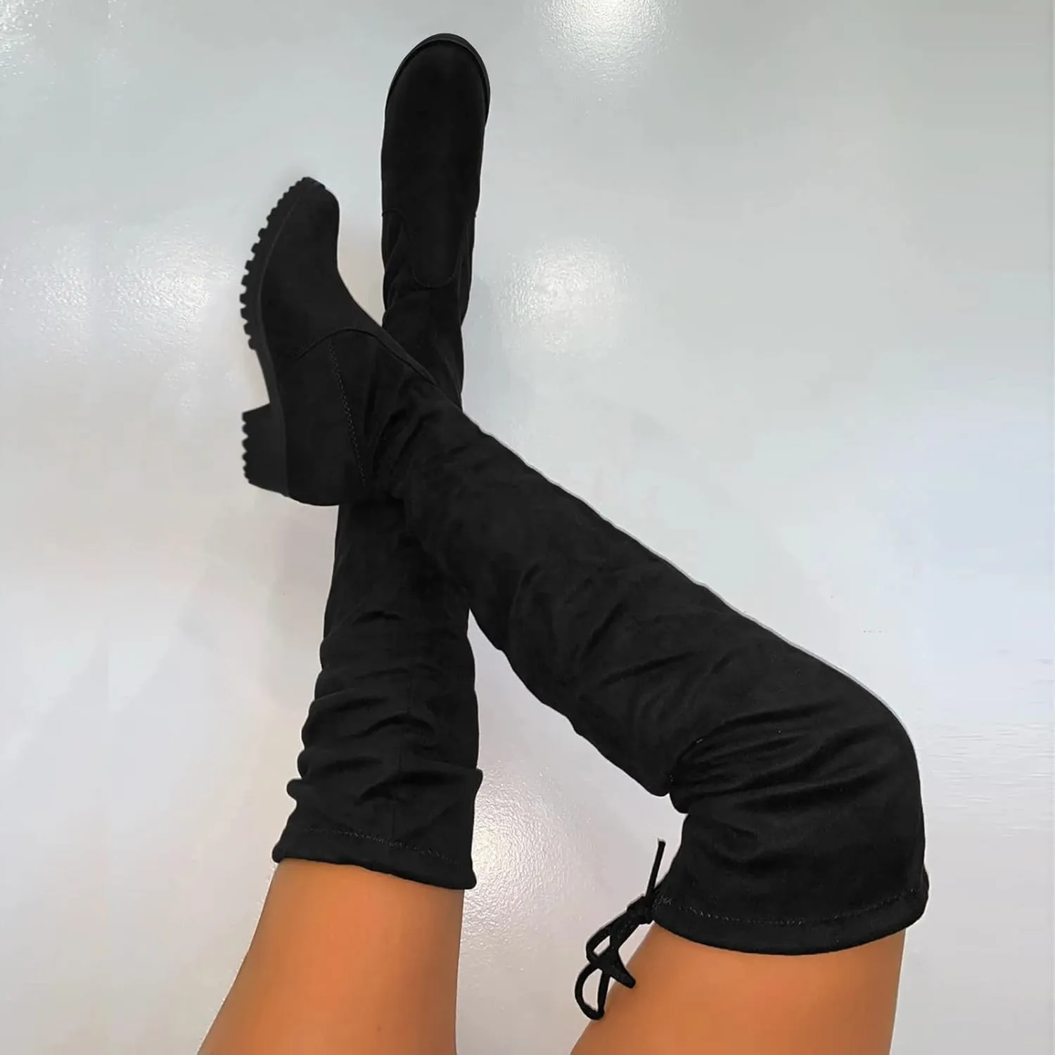 SBGMoSJ Boots for Women Over the Knee Thigh High Boots Pointed Toe Knitting Block Heel Stretchy Long Winter Fall Boots Cowgirl Boots Wide Calf Winter Fashion Booties Solid Color Long Boots