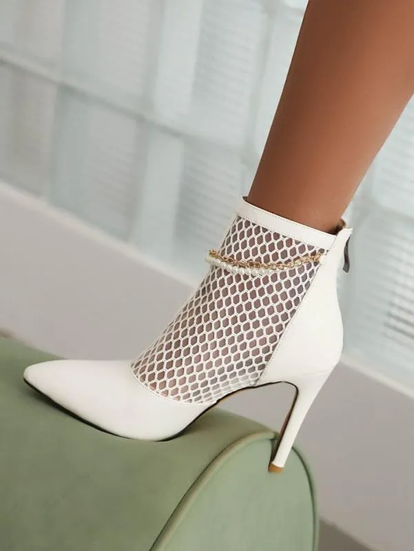 SEIFIN Women's Mesh Lace Up Stiletto Heels Ankle Boots Chain Ankle Boots