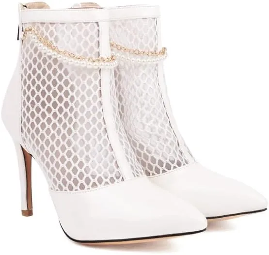 SEIFIN Women's Mesh Lace Up Stiletto Heels Ankle Boots Chain Ankle Boots