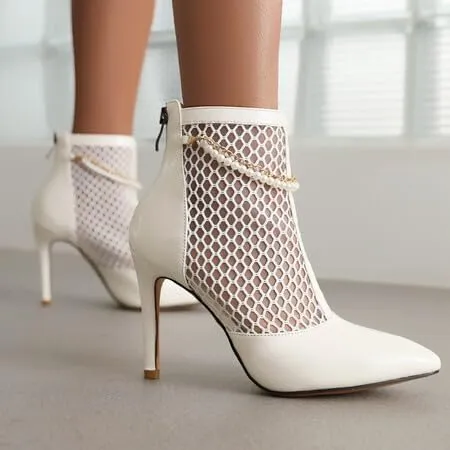 SEIFIN Women's Mesh Lace Up Stiletto Heels Ankle Boots Chain Ankle Boots