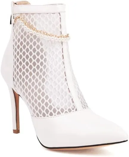 SEIFIN Women's Mesh Lace Up Stiletto Heels Ankle Boots Chain Ankle Boots