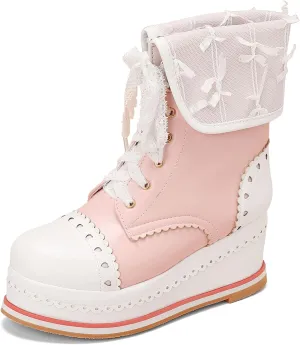 SHEMEE Women's Sweet Cute Platform Hidden Wedge Ankle Boots Lace Up High Heels Round Toe Booties Side Zip Kawaii Shoes