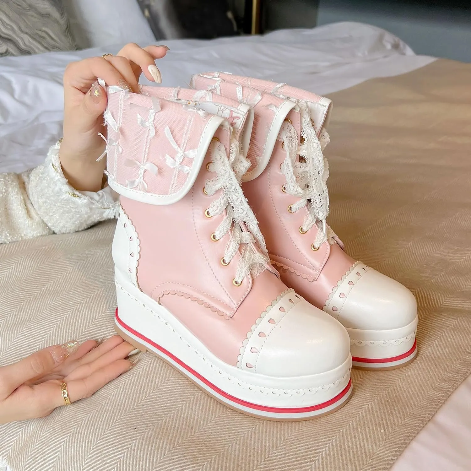SHEMEE Women's Sweet Cute Platform Hidden Wedge Ankle Boots Lace Up High Heels Round Toe Booties Side Zip Kawaii Shoes