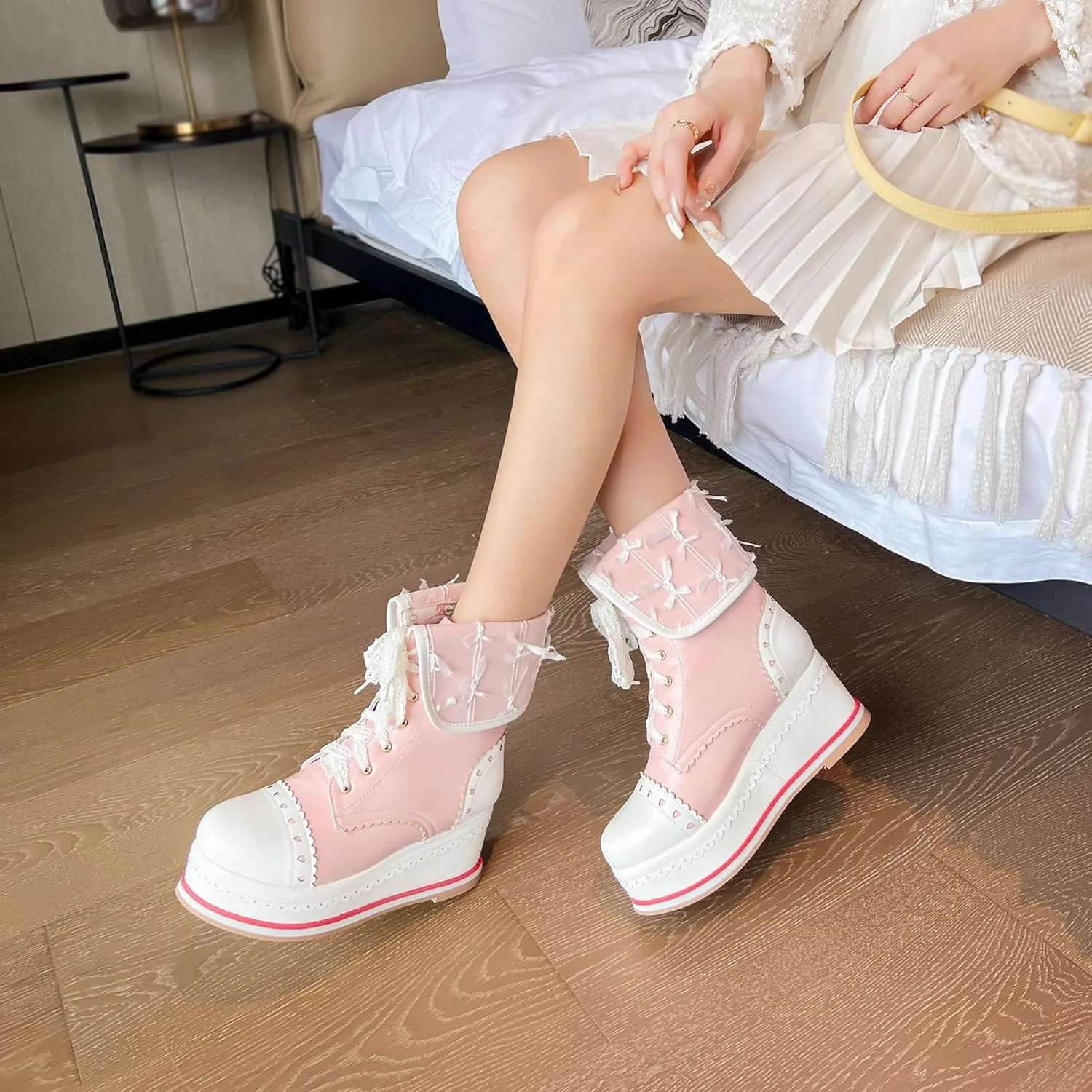 SHEMEE Women's Sweet Cute Platform Hidden Wedge Ankle Boots Lace Up High Heels Round Toe Booties Side Zip Kawaii Shoes