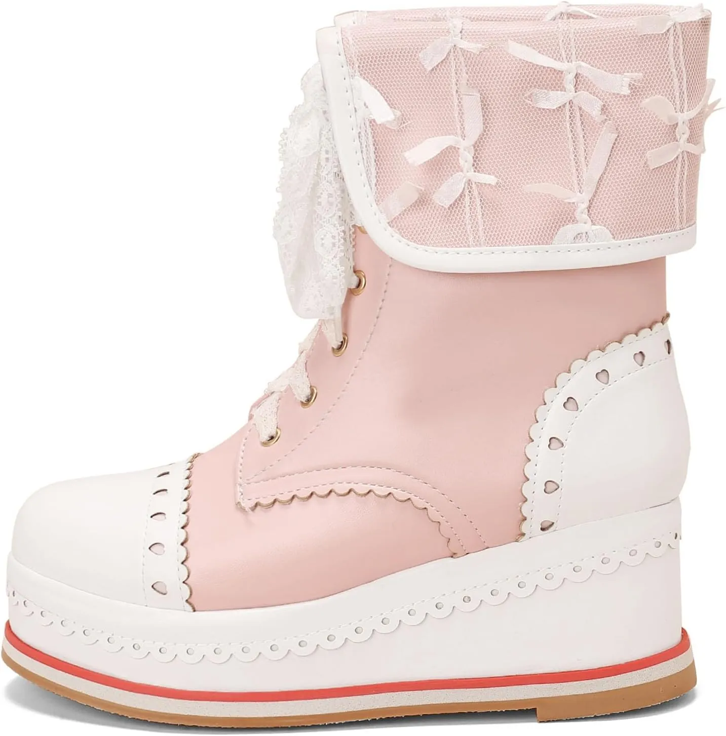 SHEMEE Women's Sweet Cute Platform Hidden Wedge Ankle Boots Lace Up High Heels Round Toe Booties Side Zip Kawaii Shoes
