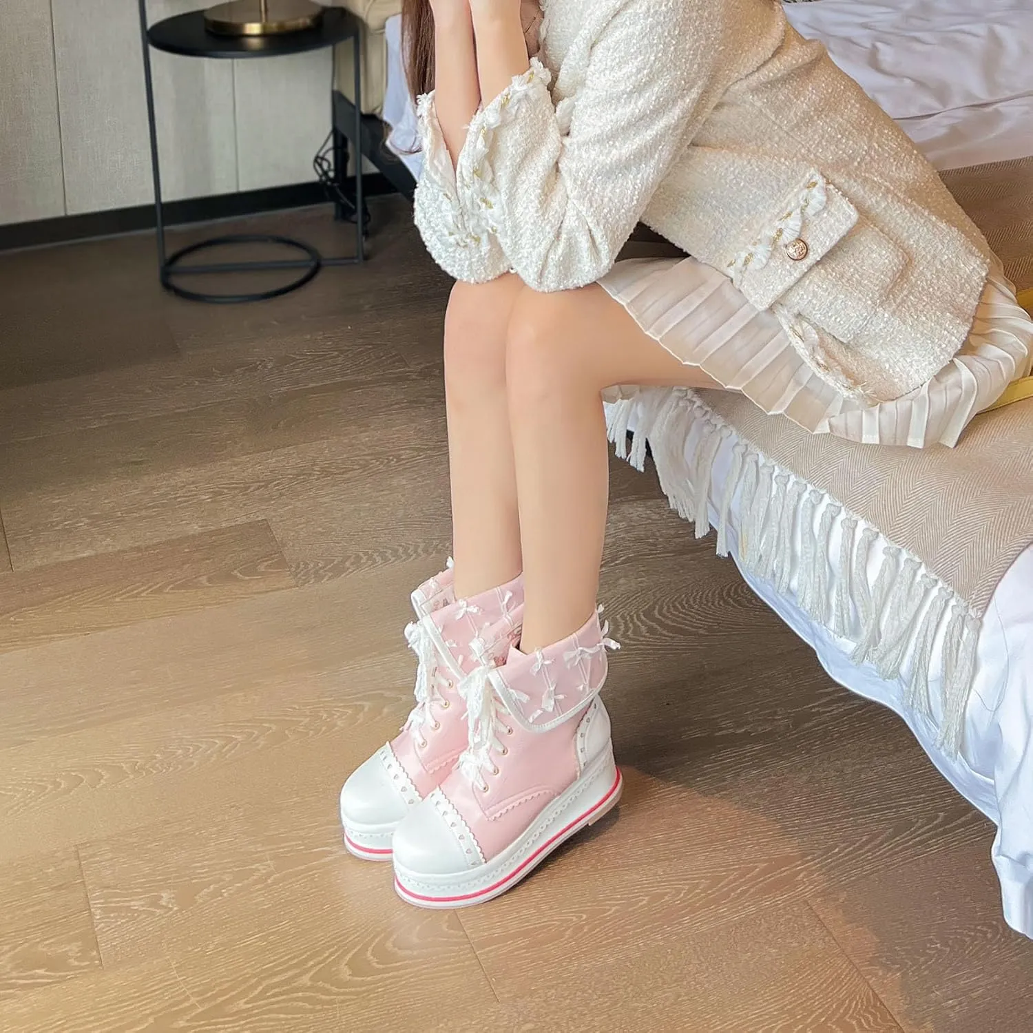 SHEMEE Women's Sweet Cute Platform Hidden Wedge Ankle Boots Lace Up High Heels Round Toe Booties Side Zip Kawaii Shoes
