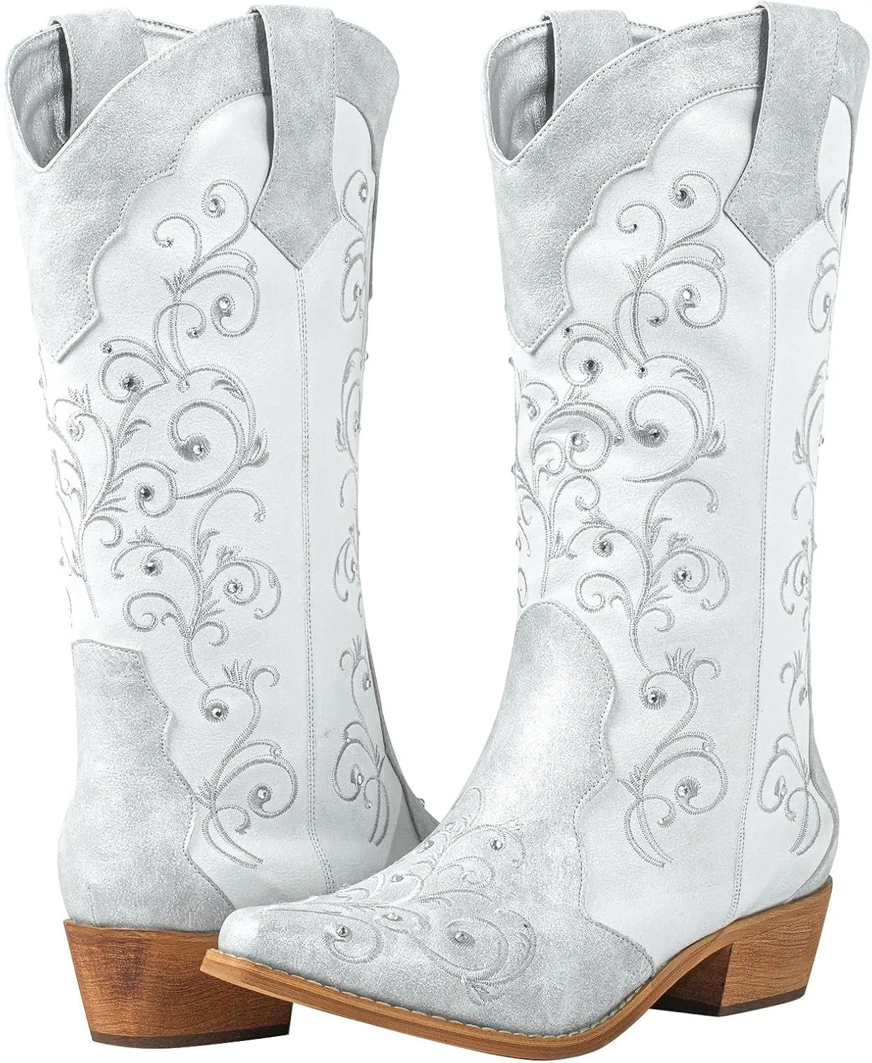 SheSole Women's Rhinestones Cowgirl Cowboy Boots Western Country Wedding Wide Calf Floral Embroidery Boot
