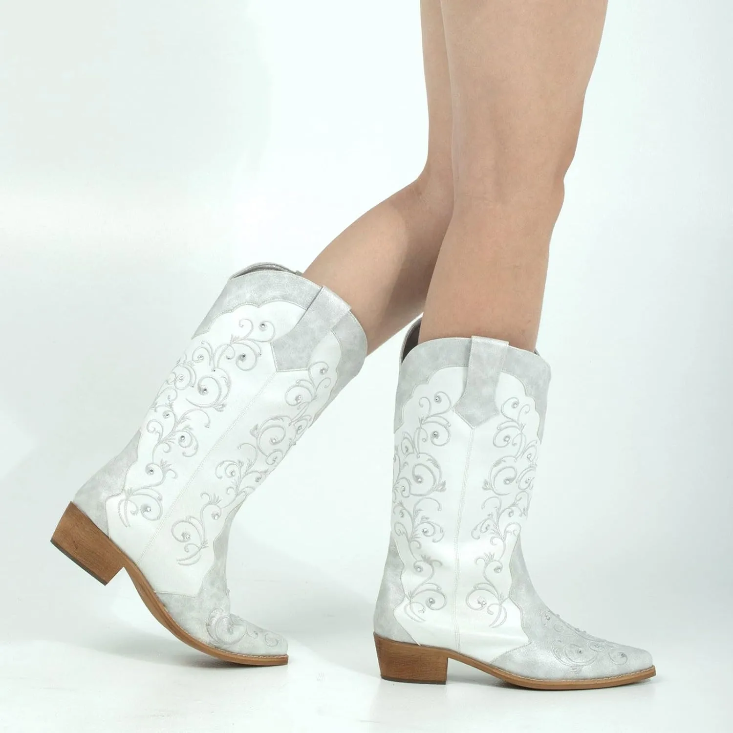 SheSole Women's Rhinestones Cowgirl Cowboy Boots Western Country Wedding Wide Calf Floral Embroidery Boot