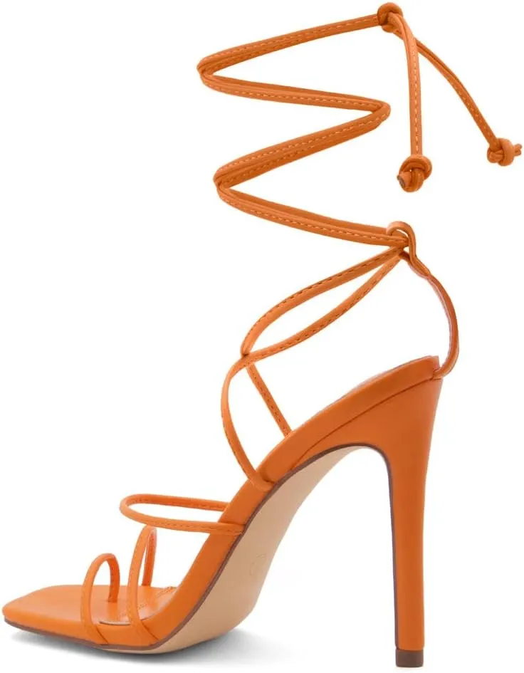 Shoe Land SL-Finely Women's Lace-Up Heels, Square Open Toe Ankle Wrap Tie-Up Heeled Sandals, 4-Inch Stiletto Strappy Dress Sandals for Party, Wedding, and Prom