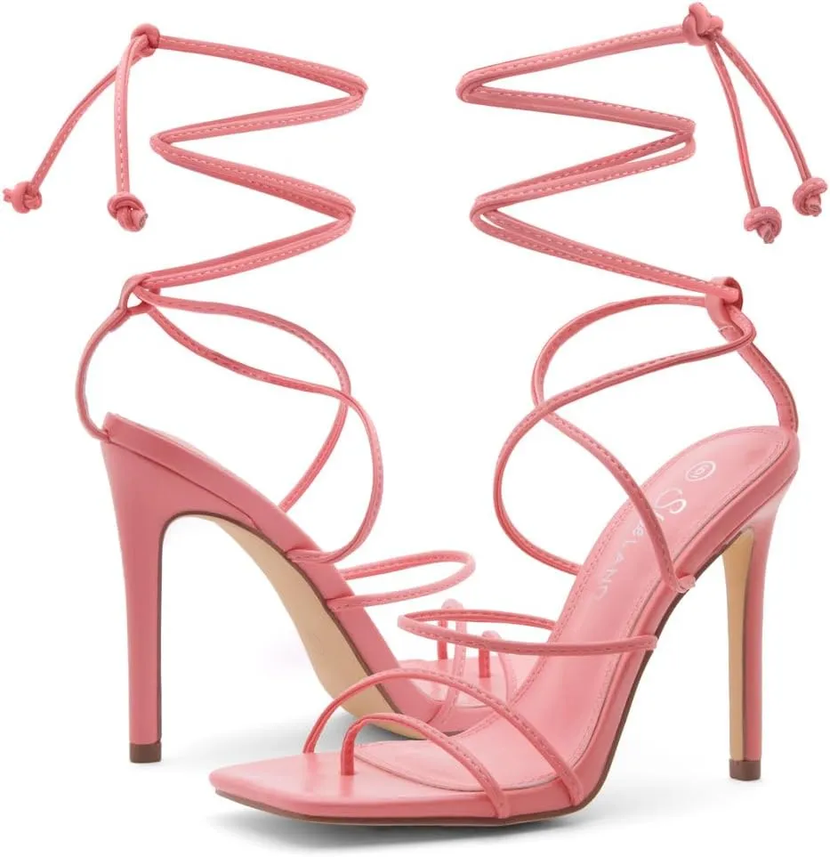 Shoe Land SL-Finely Women's Lace-Up Heels, Square Open Toe Ankle Wrap Tie-Up Heeled Sandals, 4-Inch Stiletto Strappy Dress Sandals for Party, Wedding, and Prom