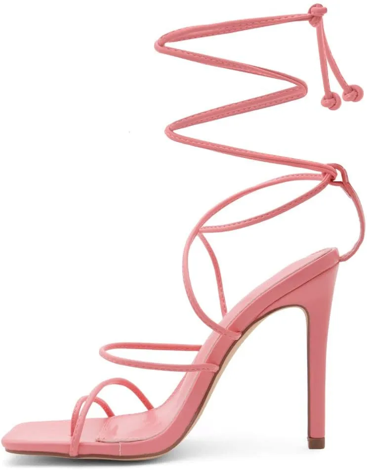 Shoe Land SL-Finely Women's Lace-Up Heels, Square Open Toe Ankle Wrap Tie-Up Heeled Sandals, 4-Inch Stiletto Strappy Dress Sandals for Party, Wedding, and Prom