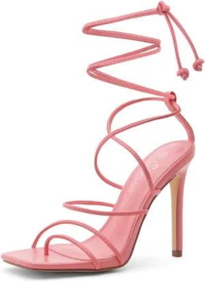 Shoe Land SL-Finely Women's Lace-Up Heels, Square Open Toe Ankle Wrap Tie-Up Heeled Sandals, 4-Inch Stiletto Strappy Dress Sandals for Party, Wedding, and Prom