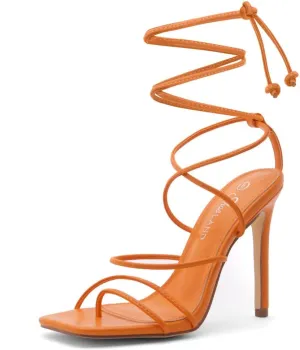 Shoe Land SL-Finely Women's Lace-Up Heels, Square Open Toe Ankle Wrap Tie-Up Heeled Sandals, 4-Inch Stiletto Strappy Dress Sandals for Party, Wedding, and Prom