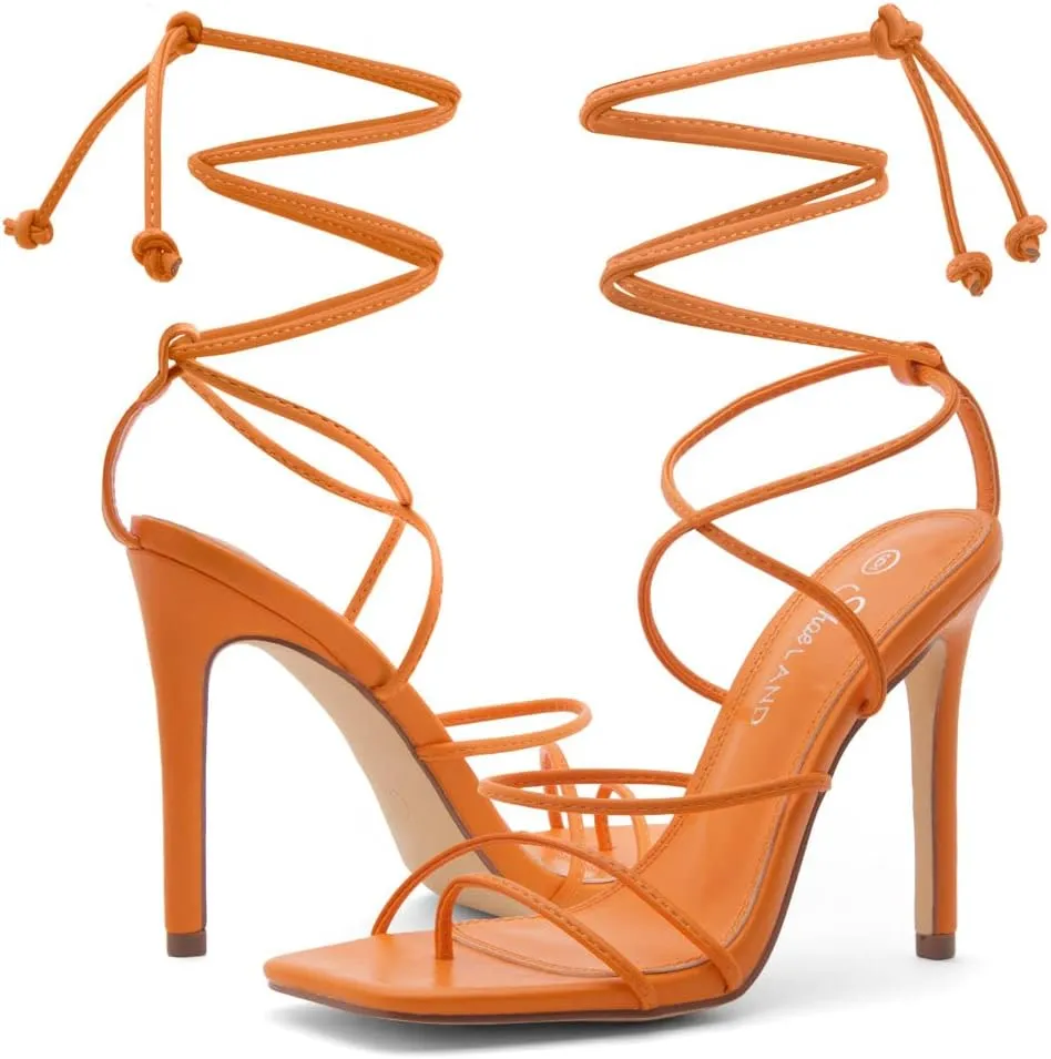 Shoe Land SL-Finely Women's Lace-Up Heels, Square Open Toe Ankle Wrap Tie-Up Heeled Sandals, 4-Inch Stiletto Strappy Dress Sandals for Party, Wedding, and Prom