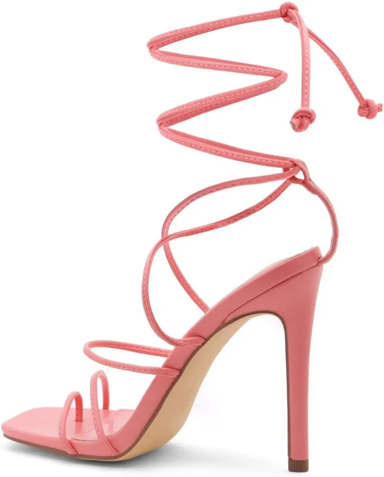 Shoe Land SL-Finely Women's Lace-Up Heels, Square Open Toe Ankle Wrap Tie-Up Heeled Sandals, 4-Inch Stiletto Strappy Dress Sandals for Party, Wedding, and Prom