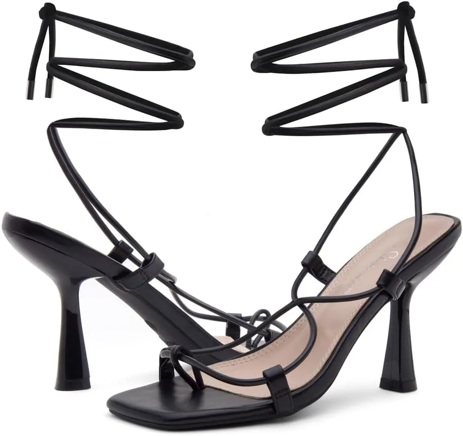 Shoe Land SL-Nadine Women's Lace-Up Heels, Square Open Toe Ankle-Wrapped Tie-Up Heeled Sandals, Dressy Stiletto Strappy Sandals for Prom, Party, and Wedding