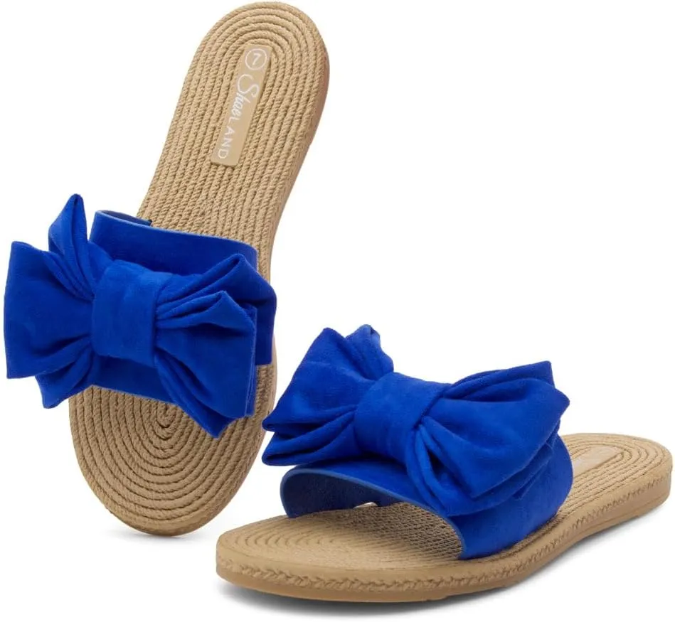 Shoe Land SL-Nylah Womens Flat Sandals Fashion Knot Bow Slides Open Toe Dressy Sandal Slip on Slippers Black Red Beige Fuchsia Green Blue Flat Sandals for Summer Beach Vacation