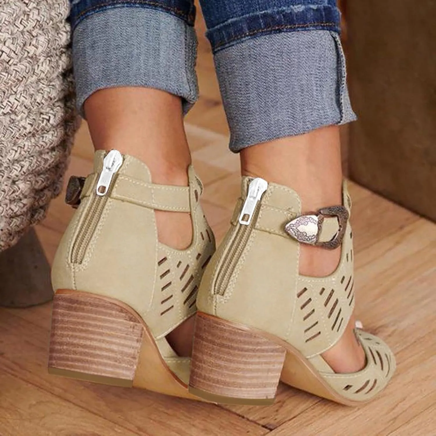 Shoes for Women Dressy, Women's Suede Peep Toe Ankle Booties Cut Out Stacked Block Heel Ankle Boots Drssy