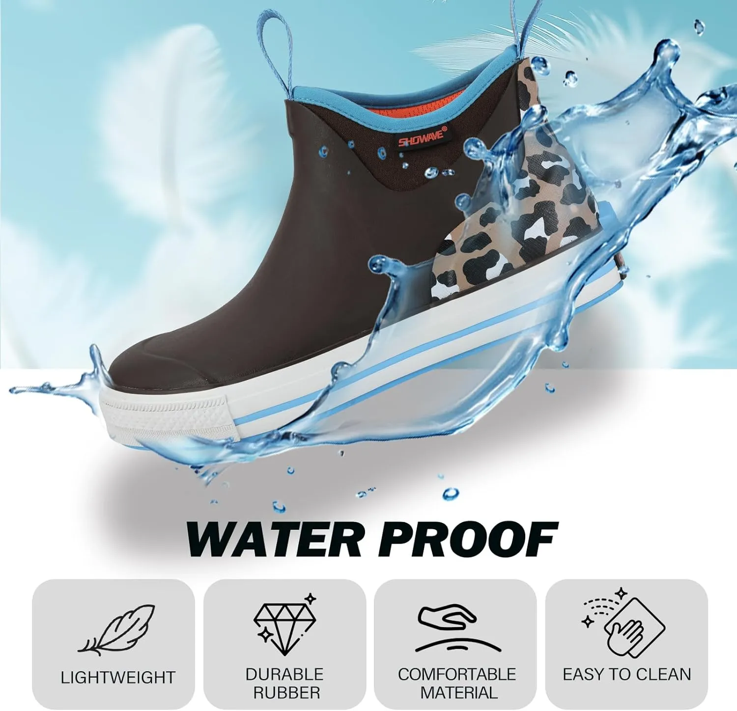 Showave Women's 6 Inch Ankle Deck Boots Waterproof Rain Footwear Rubber Mud Boots for Fishing Gardening Farming