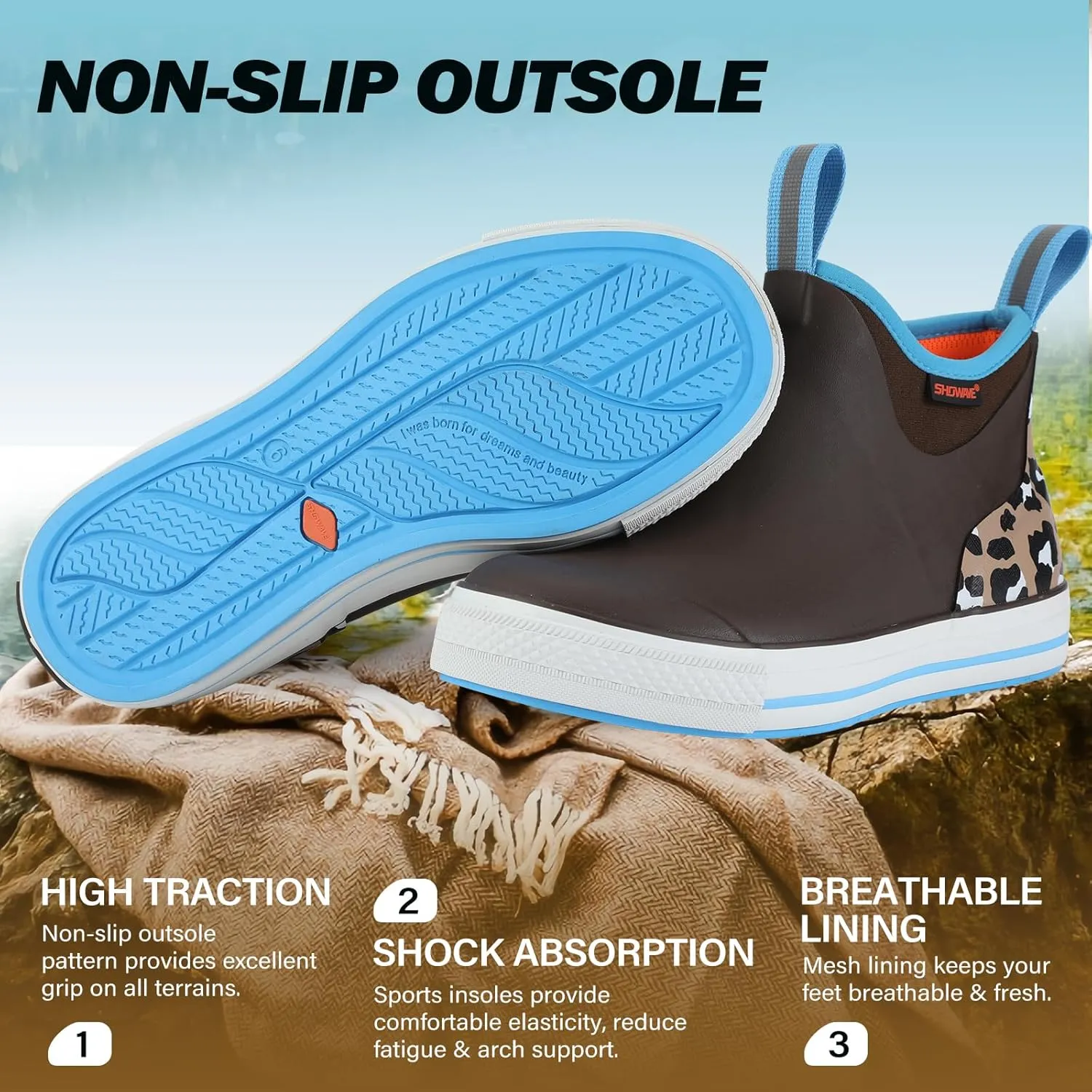 Showave Women's 6 Inch Ankle Deck Boots Waterproof Rain Footwear Rubber Mud Boots for Fishing Gardening Farming