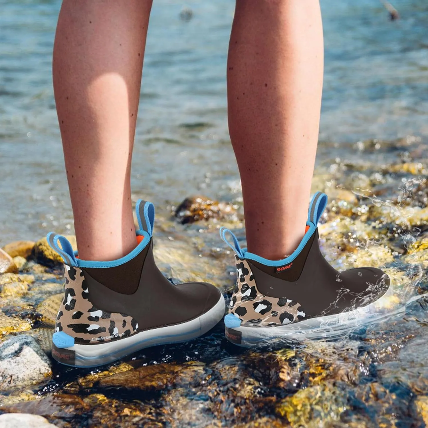 Showave Women's 6 Inch Ankle Deck Boots Waterproof Rain Footwear Rubber Mud Boots for Fishing Gardening Farming