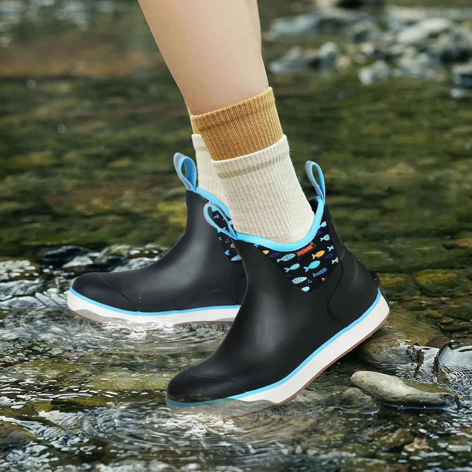 Showave Women's Rain Boots, Waterproof Ankle Rubber Deck Boots, Insulated Neoprene Non-Slip Boots, Lightweight Outdoor Hunting Fishing Garden Boots for Women