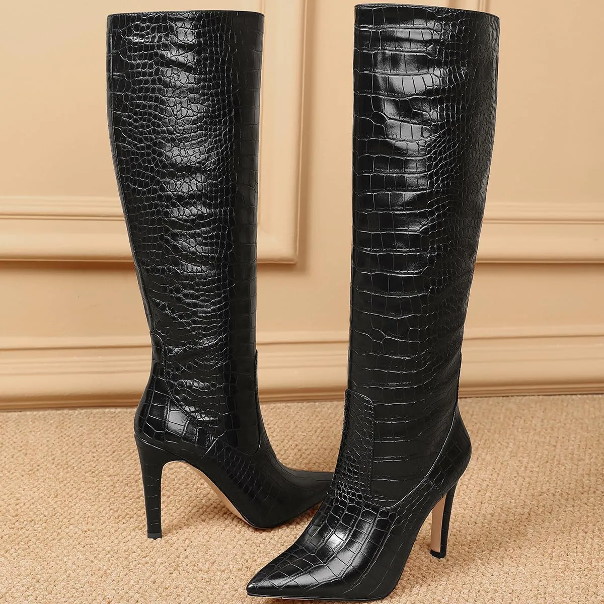 Slim Knee High Boots for Women Faux Crocodile High Heel Pointed Toe Tall Boots